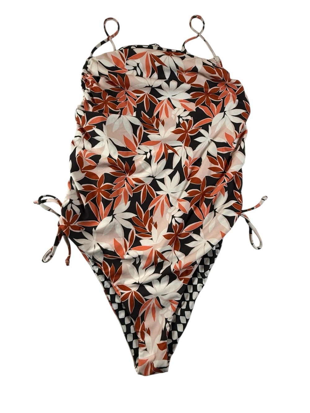 NWT Volcom Reversible One Piece Swimsuit XL Floral & Check Print Ruched Side